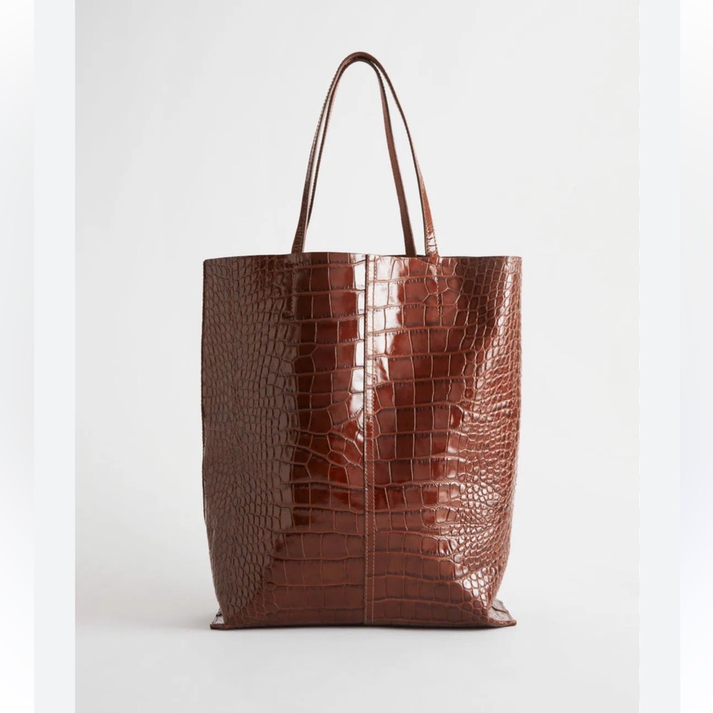 Brown snake skin genuine leather tote bag